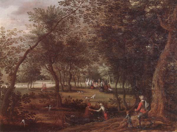 A wooded river landscape with saint john the baptist preaching inthe distance, David Vinckboons